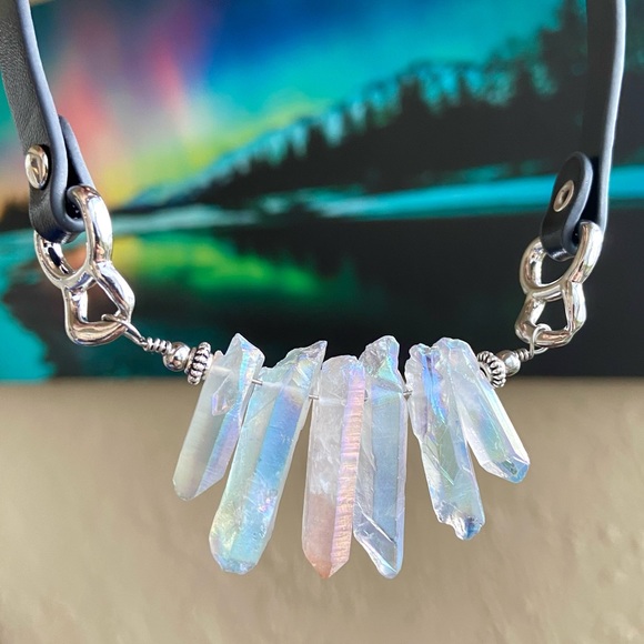 Silverskylight Jewelry - Crystal leather choker . Blue Angel aura rainbow iridescent Crystals choker